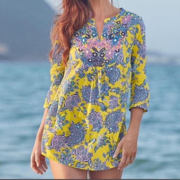 NEW Sundance Sefina Yellow Floral Embroidered Beaded Tunic Top Mini Dress - S - Picture 2 of 13